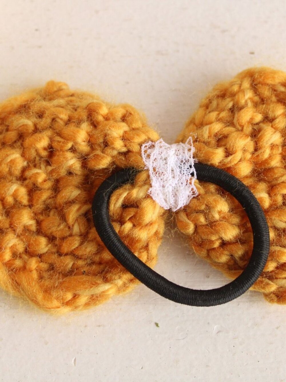 Knit Hair Bow, Handknitted Golden Yellow Ponytail Holder or Hair Band, Vintage L - Picture 6 of 10